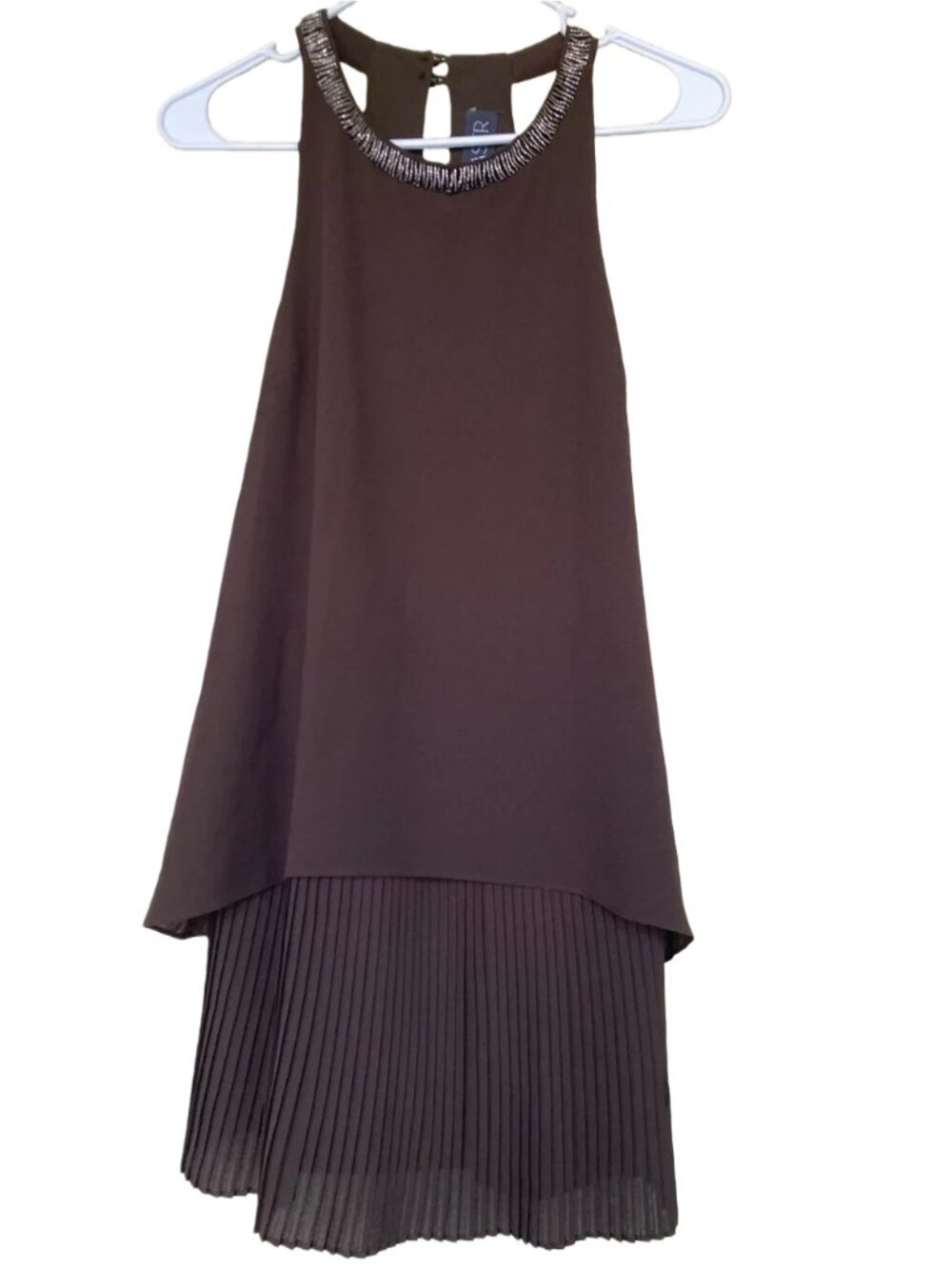 Antropologie Astr the Label Brown Beaded-Neck Pleated Mini Dress